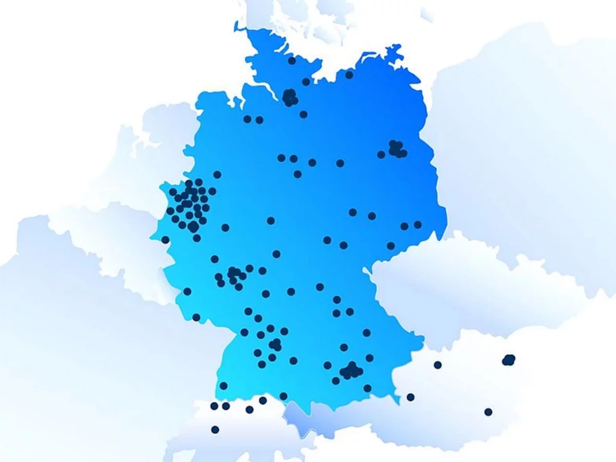 Übersichtskarte der Kieser-Standorte in Deutschland – Dokumentation der erfolgreichen Marktexpansion seit 1994.