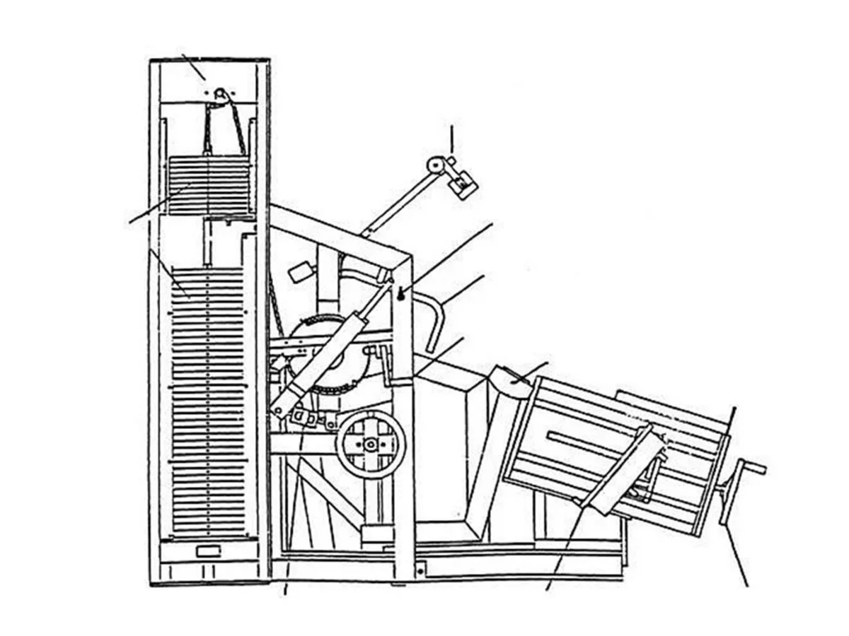 Technische Konstruktionszeichnung der Lumbar-Extension-Maschine von 1987 – Kiesers innovative Lösung zur Isolierung und Stärkung der Rückenstrecker.