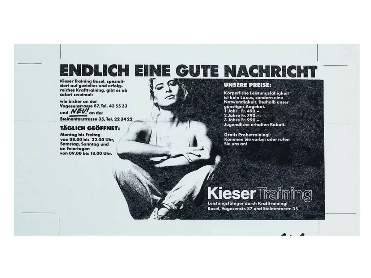 Historische Zeitungsanzeige von 1981 zur Eröffnung des zweiten Kieser-Studios in Basel – Startpunkt der Expansion durch Franchising.
