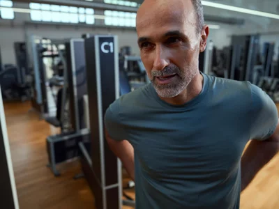 Ein fokussierter Mann im Kieser-Trainingsraum bereitet sich auf sein Krafttraining vor, um effektiv Fett abzubauen.