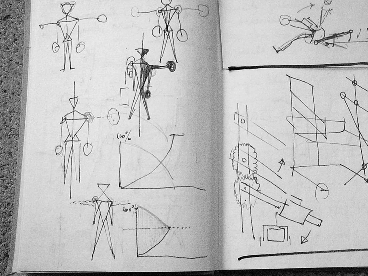 Originale biomechanische Skizzen von Werner Kieser zur Erforschung von Kraftkurven und Widerstand beim Muskelaufbau.