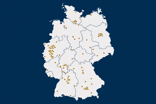 Detaillierte Karte der Kieser Studios in Deutschland zur Visualisierung bestehender Standorte