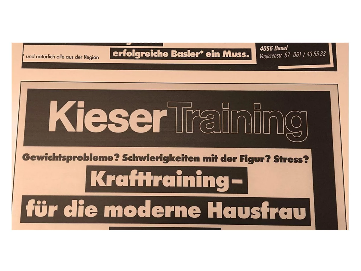 Historische Zeitungsanzeige von Kieser Training aus Basel mit dem Slogan Krafttraining für die moderne Hausfrau.